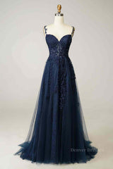 Simple Dress, Fuchsia Dark Navy A-line Spaghetti Straps Tulle Lace Boning Long Prom Dress