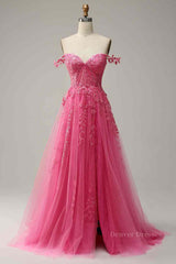 Party Dress Long Sleeve Mini, Fuchsia Dark Navy A-line Spaghetti Straps Tulle Lace Boning Long Prom Dress