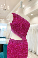 Winter Dress, Fuchsia One Shoulder Lace-Up Sequins Homecoming Dress with Tassels