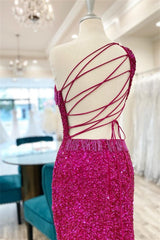 Party Dress Pattern Free, Fuchsia One Shoulder Lace-Up Sequins Homecoming Dress with Tassels