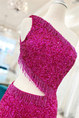 Party Dress Pattern, Fuchsia One Shoulder Lace-Up Sequins Homecoming Dress with Tassels