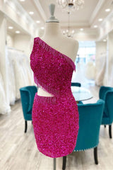 Party Dress Couple, Fuchsia One Shoulder Lace-Up Sequins Homecoming Dress with Tassels
