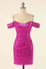 Prom Dresses Red, Fuchsia Sheath Off-the-Shoulder Pleated Sequins Mini Homecoming Dress