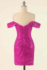 Prom Dresses Floral, Fuchsia Sheath Off-the-Shoulder Pleated Sequins Mini Homecoming Dress