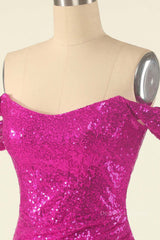Prom Dresses Long Sleeves, Fuchsia Sheath Off-the-Shoulder Pleated Sequins Mini Homecoming Dress