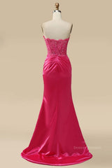 Formal Dresses For Weddings Near Me, Fuchsia Strapless Appliques Mermaid Long Prom Dress with Slit