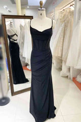 Bridesmaid Dresses Blushes, Black Pleated Long Prom Dress with Spaghetti Straps