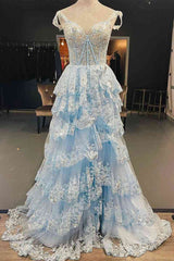 Bridesmaid Dress Websites, Light Blue Corset Lace Tiered Tulle Long Formal Dress
