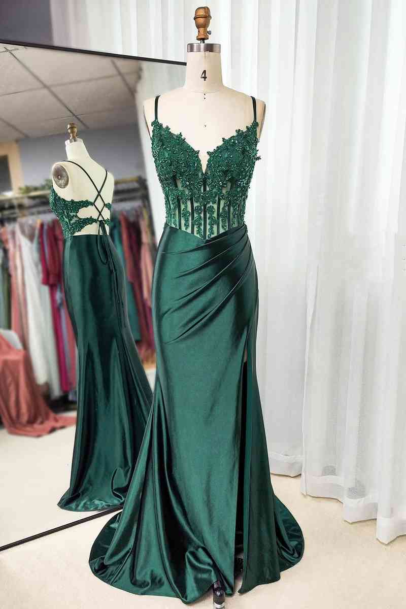 Bridesmaids Dresses With Sleeves, Mermaid Emerald Green Straps Ruched Prom Dress with Slit