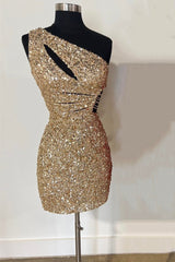 Bridesmaid Dresses Mismatched Spring Colors, One Shoulder Gold Cutout Sequin Tight Homecoming Dress