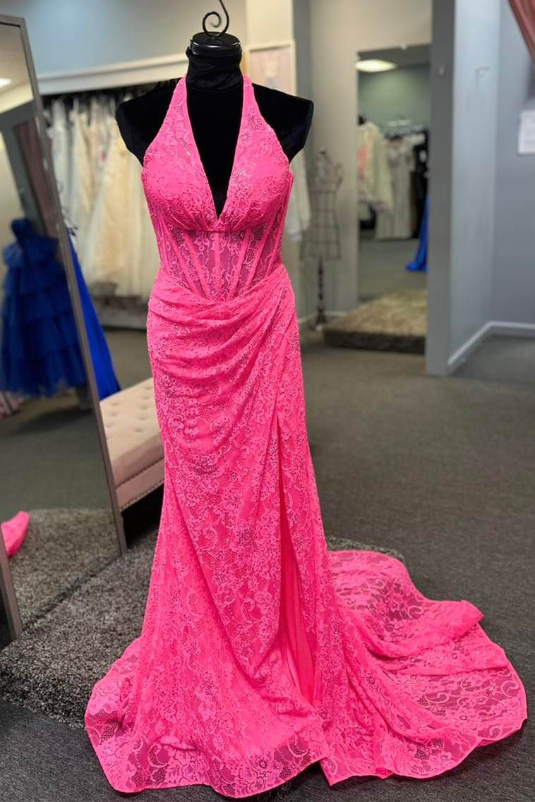 Prom Shoes, Halter Hot Pink Lace Ruched Mermaid Prom Dress