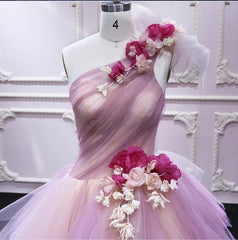 Classy Dress, Puffy One Shoulder Sleeveless Tulle Prom Dress with Flowers, Ruffles Quinceanera Dress
