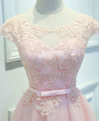 Bridesmaid Dress Long, Pink Lace Tulle Short Prom Dress, Pink Evening Dress