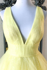 Prom Dresses Piece, Yellow V-Neck Tulle Long Prom Dresses, A-Line Evening Dresses