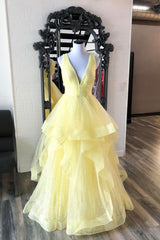 Prom Dress Pieces, Yellow V-Neck Tulle Long Prom Dresses, A-Line Evening Dresses