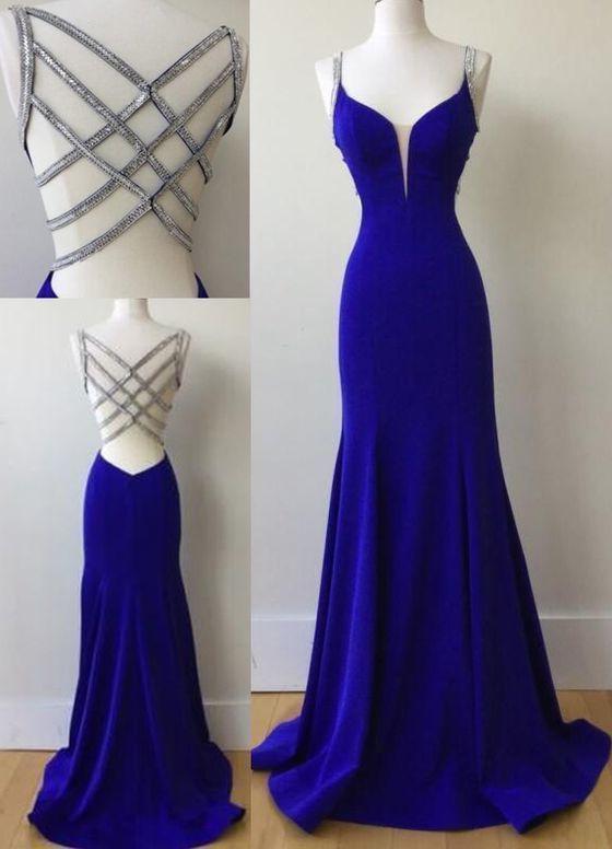 Party Dress Inspo, Sexy Mermaid Spaghetti Straps Royal Blue Long Prom Dress With Beading