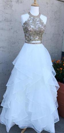 Party Dresses Idea, White Two Pieces Beaded Halter Long Prom Dress
