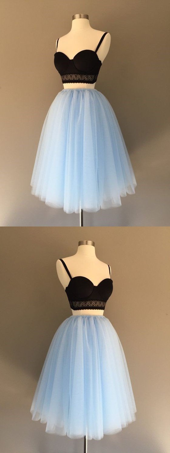 Party Dress Aesthetic, Two Piece Spaghetti Strap Tulle Homecoming Dress
