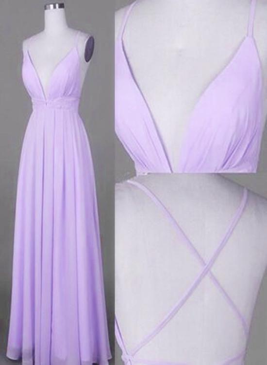 Bridesmaid Dresses Purple, Lavender Chiffon Cross Back V Neckline Prom Gowns Chiffon Fashion Junior Prom Dress
