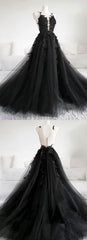 Party Dress Outfits Ideas, Black Tulle Applique Long Prom Dress, Black Evening Dress