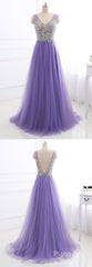 Party Dresses Winter, Purple Tulle V Neck Silver Beaded Long Evening Dress, Purple Halter Prom Dress