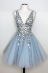 Party Dress Express, Princess Silver Sequins And Light Sky Blue Short Homecoming Dress