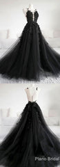 Party Dresses Outfit Ideas, Black Tulle Applique Long Prom Dress, Black Evening Dress