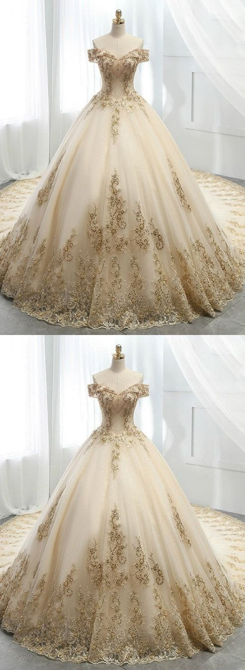 Wedding Dress Shoulder, Champagne Ball Gown Tulle Gold Lace Appliques Wedding Dress