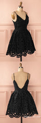 Bridesmaids Dress Black, A Line Spaghetti Straps Backless Short Black Lace Homecoming Dress
