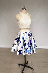 Party Dress Online Shopping, Two Piece Ivory Jewel Floral Print Satin Short Homecoming Dress With Pearls