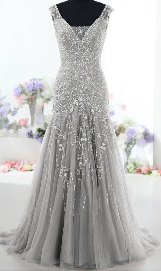 Party Dress Look, Silver Long Back Up Lace V Neck Beading Prom Dresses, Modest Prom Dresses, Charming Prom Dresses