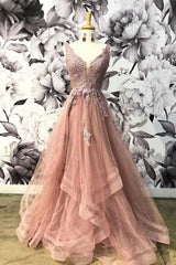 Prom Dress 2028, Unique Champagne Pink Tulle V Neck Lace Halter Lace Up Homecoming Dresses