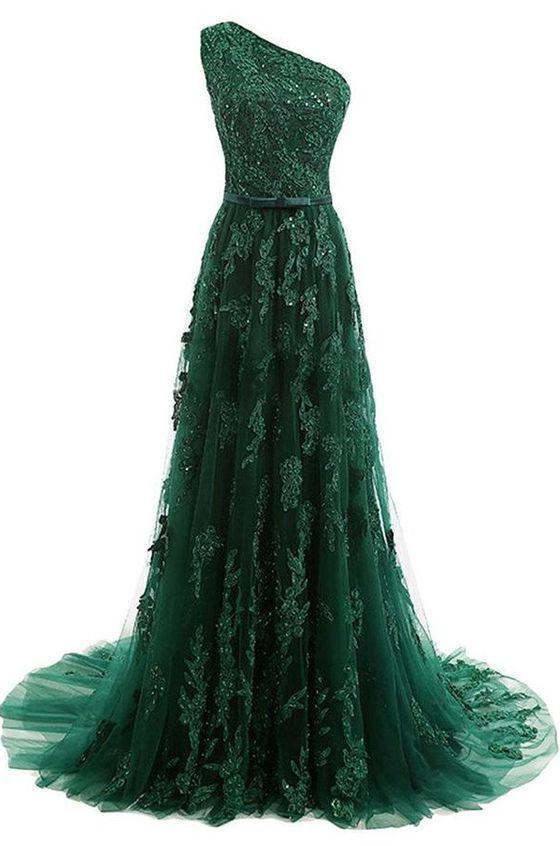 Party Dress Teen, A Line One Shoulder Sweep Train Dark Green Tulle Prom Dress With Appliques Beading