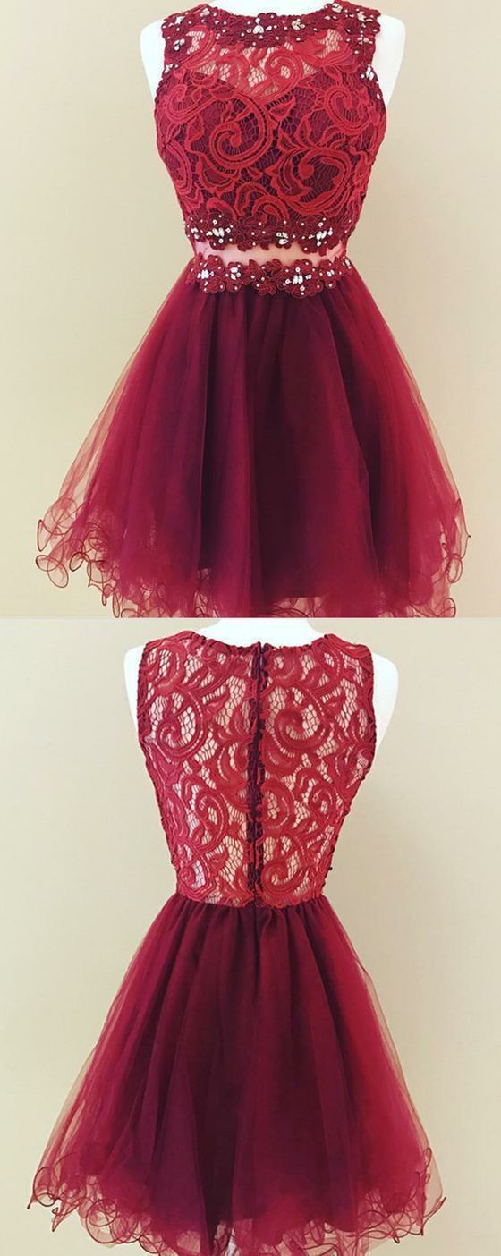 Party Dresses Ideas, A Line Jewel Short Burgundy Tulle Homecoming Dress With Lace Sequins