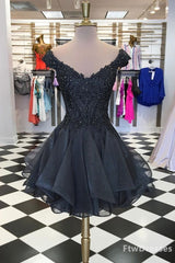 Beach Dress, black v neck tulle beads short prom dress black homecoming dress