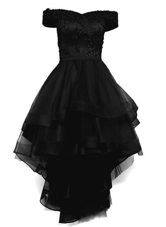 Purple Dress, black off shoulder tulle and lace high low homecoming dress 2024 black prom dress