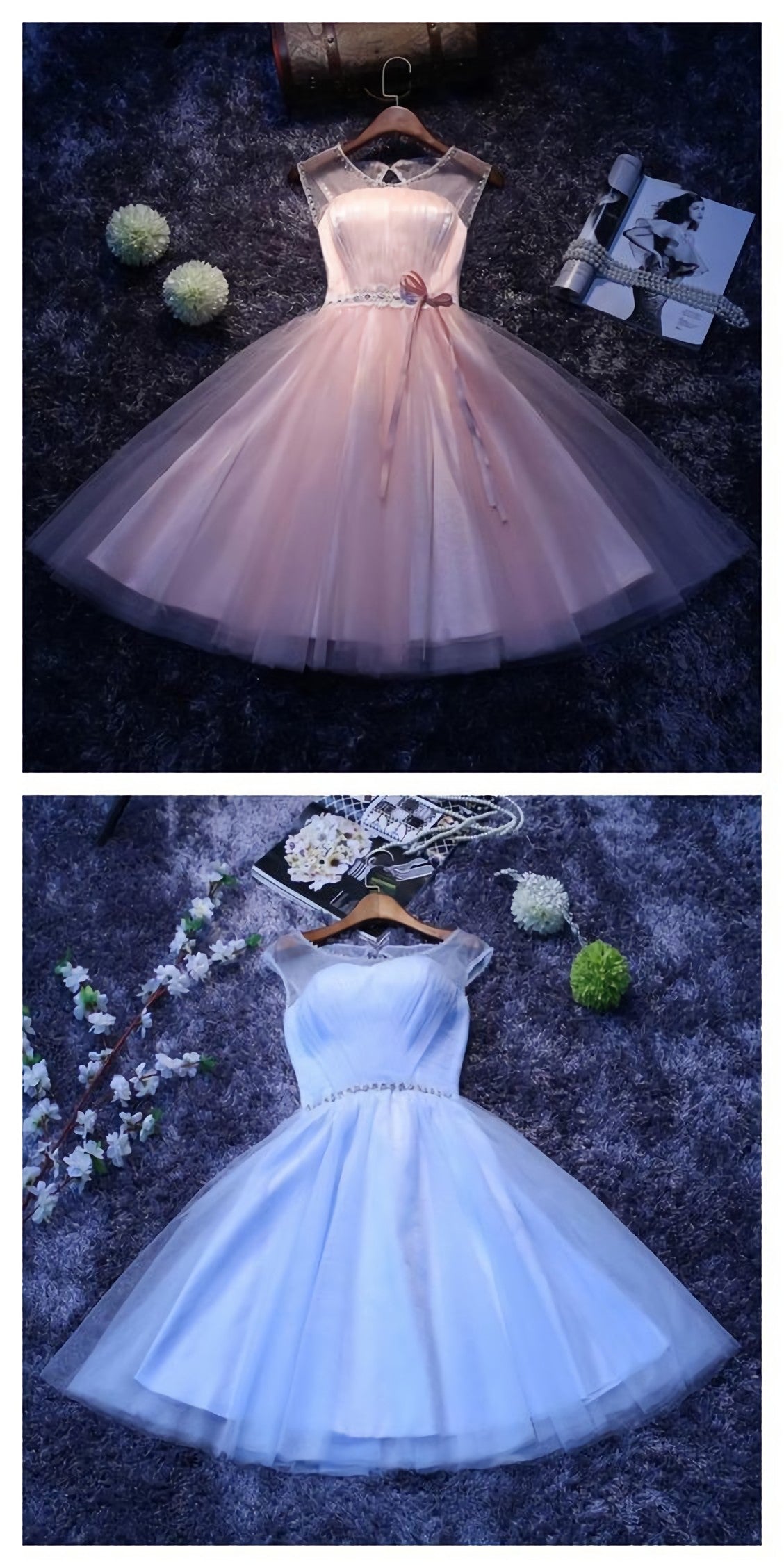 Prom Dress Pieces, Vintage Round Neck Knee Length Beading Waist Homecoming Dresses
