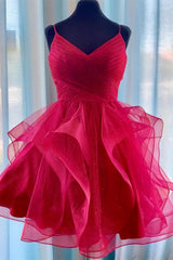 Prom Dress A Line, Princess Red with Ruffles Short 2024 Homecoming Dresses