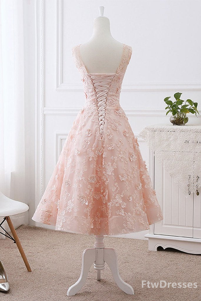 Grad Dress, pink lace round neck tea length prom dress lace evening dress