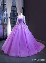 Fancy Dress, purple ball gown tulle long sleeve beading sequins luxury prom dress
