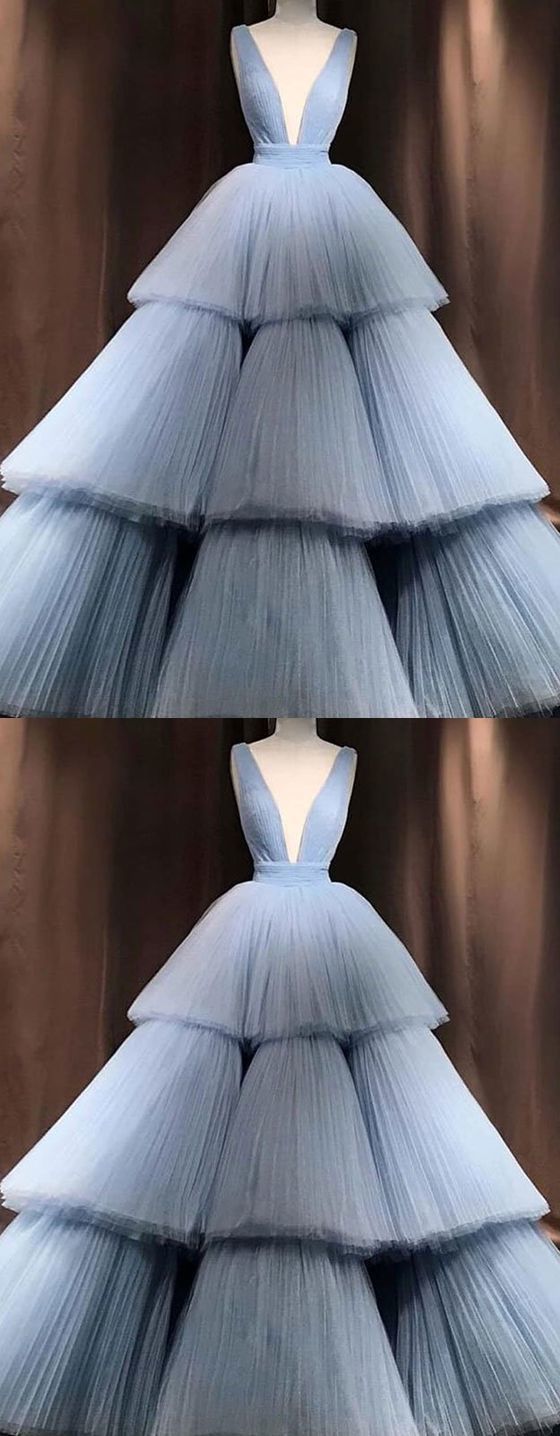 Party Dress Party Dress, Blue V Neck Tulle Long Prom Dress, Blue Tulle Evening Dress
