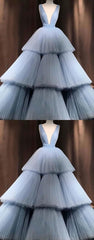 Party Dress Party Dress, Blue V Neck Tulle Long Prom Dress, Blue Tulle Evening Dress