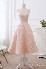 Gold Dress, pink lace round neck tea length prom dress lace evening dress