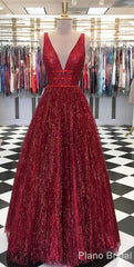Party Dress Spring, Sparkly Ball Gown V Neck Open Back Burgundy Sequins Long Prom Dresses, Unique Evening Dresses