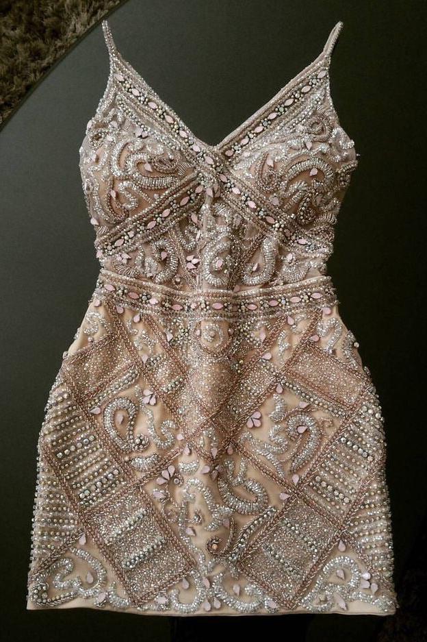 Party Dress And Style, Short Homecoming Dresses, Spaghetti Straps Mini Dress With Beaded