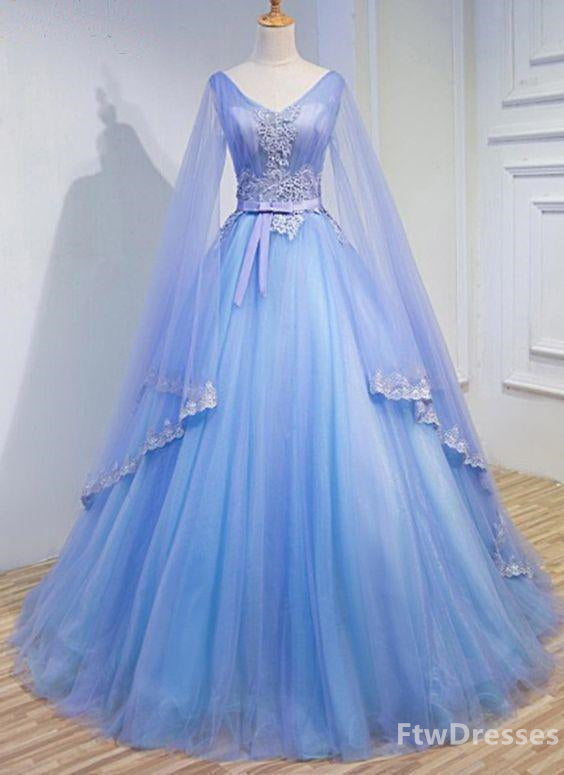 Prom Theme, light blue tulle v neck long sleeve lace applique prom dress for teen