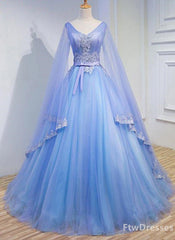 Prom Theme, light blue tulle v neck long sleeve lace applique prom dress for teen