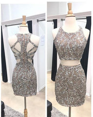 Party Dress A Line, Two Piece Homecoming Dresses, Beaded Homecoming Dresses, Sheath Homecoming Dresses, Open Back Homecoming Dresses