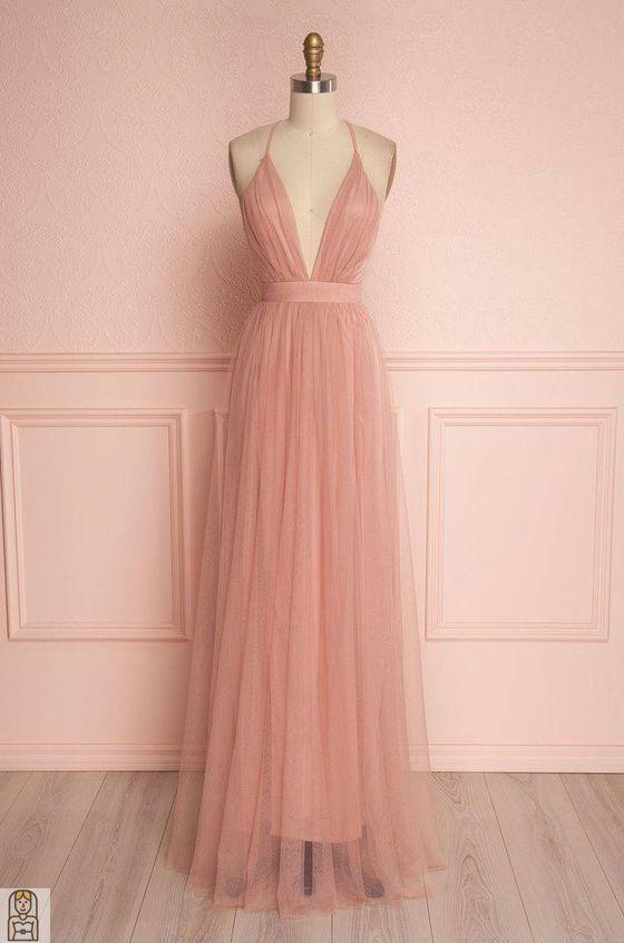 Wedding Dresses Shoulder, Deep V Neck Prom Dress, Blush Pink Floor Length Tulle Wedding Party Dress, Spaghetti Straps