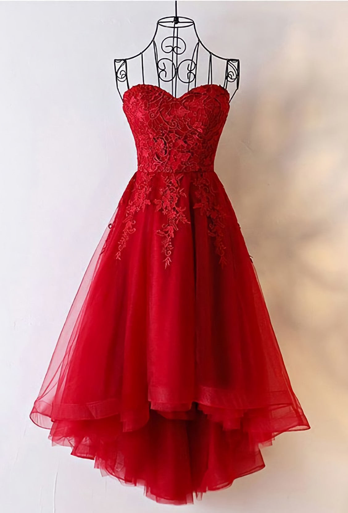 Prom Dressed 2028, Beautiful Tulle High Low Simple Red Lace-up Back Homecoming Dresses
